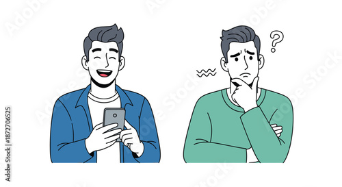 Two different emotional reactions are portrayed by young men, with one laughing at a smartphone and the other looking thoughtful and puzzled.
