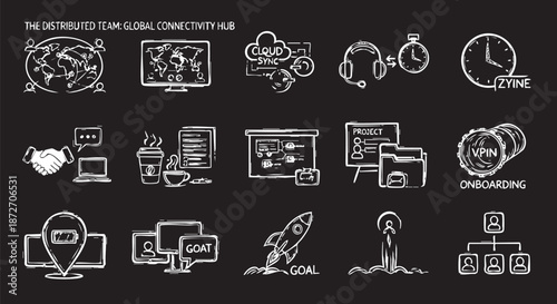 Collection of chalk-drawn icons representing global connectivity, business, and technology concepts on a dark background.