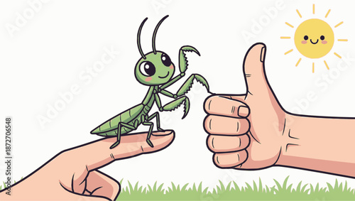Friendly cartoon praying mantis on finger with smiling sun