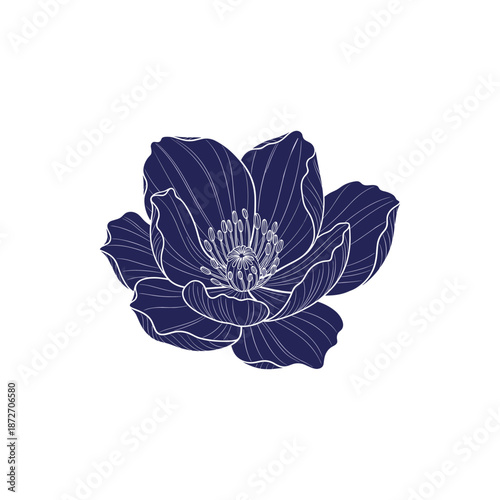 Elegant minimalist indigo botanical illustration of a blooming flower, a serene and sophisticated line art vector drawing perfect for refined decorative design elements and artistic projects