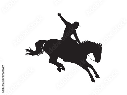 Bold black vector silhouette of cowboy riding bucking bronco vector, A cowboy rides a bucking bronco in a rodeo silhouette vector illustration