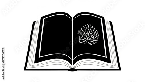 Open book with arabic calligraphy on a white background with illustration and graphic and education and learning and literature and religion