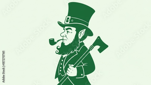 Green illustration of a leprechaun in a top hat smoking a pipe and holding an axe over his shoulder on a light green background with st patrick s day