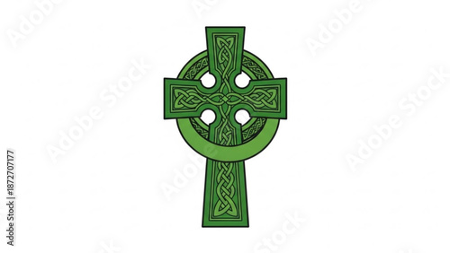 Intricately designed green celtic cross with knotwork patterns on a white background symbolizing irish heritage and spirituality with religion