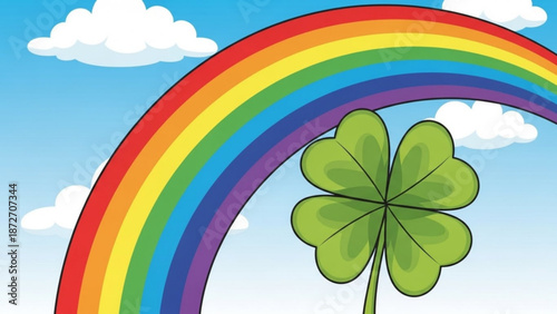 A vibrant rainbow stretches across a serene blue sky with fluffy white clouds and a large green four leaf clover underneath symbolizing luck and nature's beauty