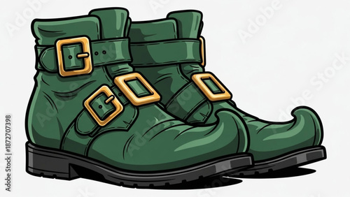 Detailed illustration of green leather boots with gold buckles and straps on white background for st patricks day or fashion concepts with green boots