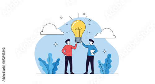 Two young men collaborate to hold up a giant glowing light bulb, representing teamwork, joint problem-solving, and shared creative ideas.