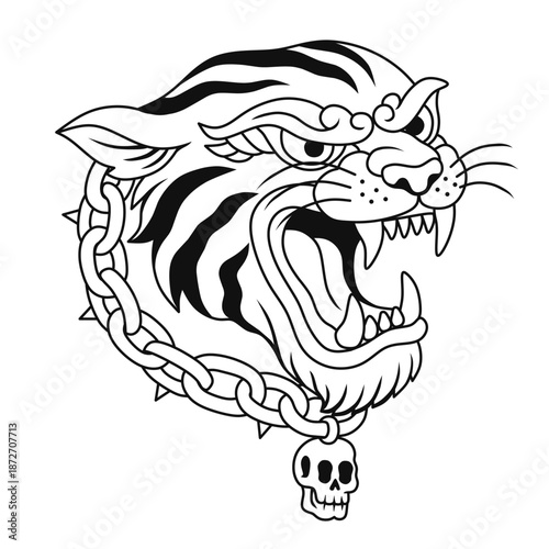illustration of a roaring tiger head tattoo with a skull chain necklace