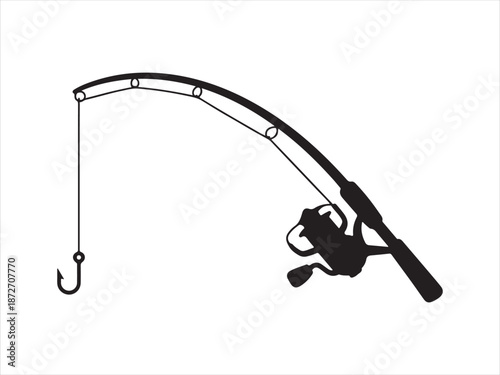 A silhouette fishing rod is angling with a hook vector, Fishing Rod with Reel and Hook Silhouette on White Background