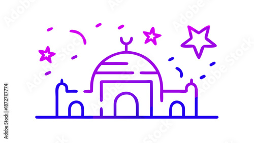 Mosque illustration with stars and confetti