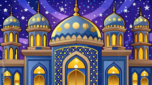 Beautiful mosque with domes and minarets under starry night sky