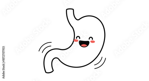 Cute cartoon illustration of a happy and healthy human stomach character with a wide smile and rosy pink cheeks.