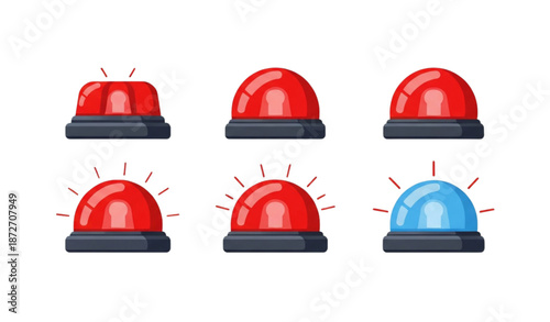 Police and emergency siren flashing lights red and blue flat vector icon set isolated on transparent background