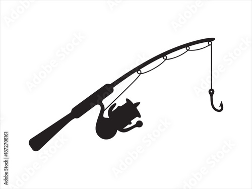 A silhouette fishing rod is angling with a hook vector, Fishing Rod with Reel and Hook Silhouette on White Background