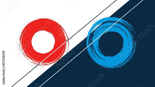Abstract Circles with Brush Stroke Texture Divided by Diagonal Lines, Contrasting Colors