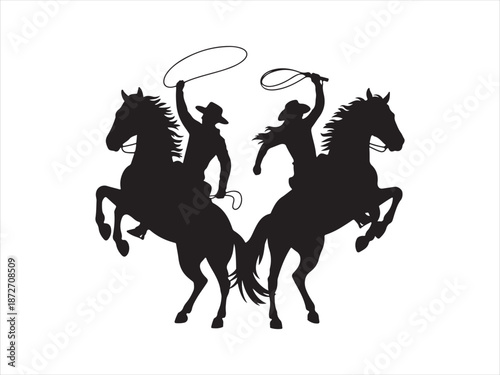 A cowboy riding a horse in a dramatic silhouette, Cowboy silhouette, horse rearing, lasso action, Western Cowboy Style Vector