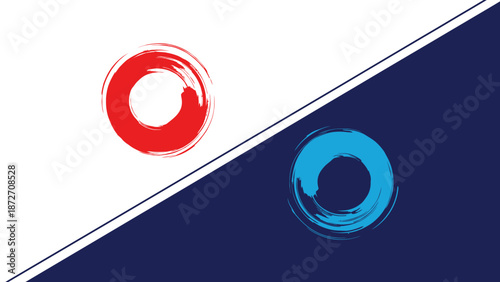 Abstract Zen Circles in Red and Blue on a Divided Background, symbolizing balance