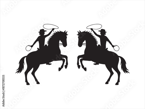 A cowboy riding a horse in a dramatic silhouette, Cowboy silhouette, horse rearing, lasso action, Western Cowboy Style Vector