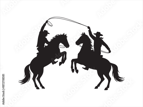A cowboy riding a horse in a dramatic silhouette, Cowboy silhouette, horse rearing, lasso action, Western Cowboy Style Vector