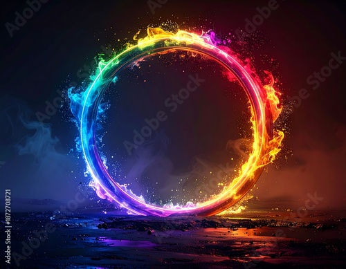Illuminated ring of fiery colors hovering over a dark surface