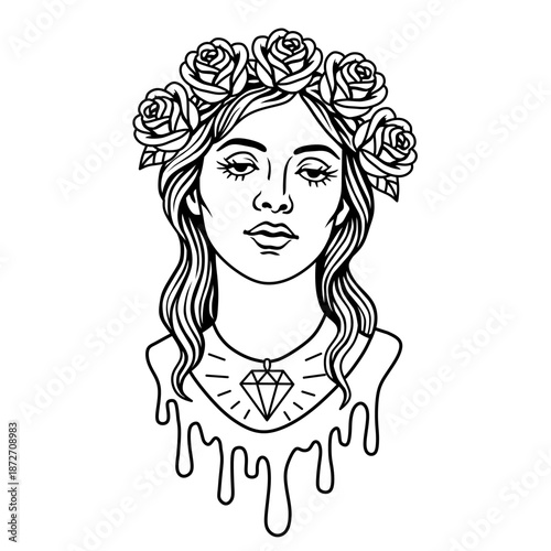 line art illustration of woman with rose crown and diamond necklace in artistic style.old school style tattoo art