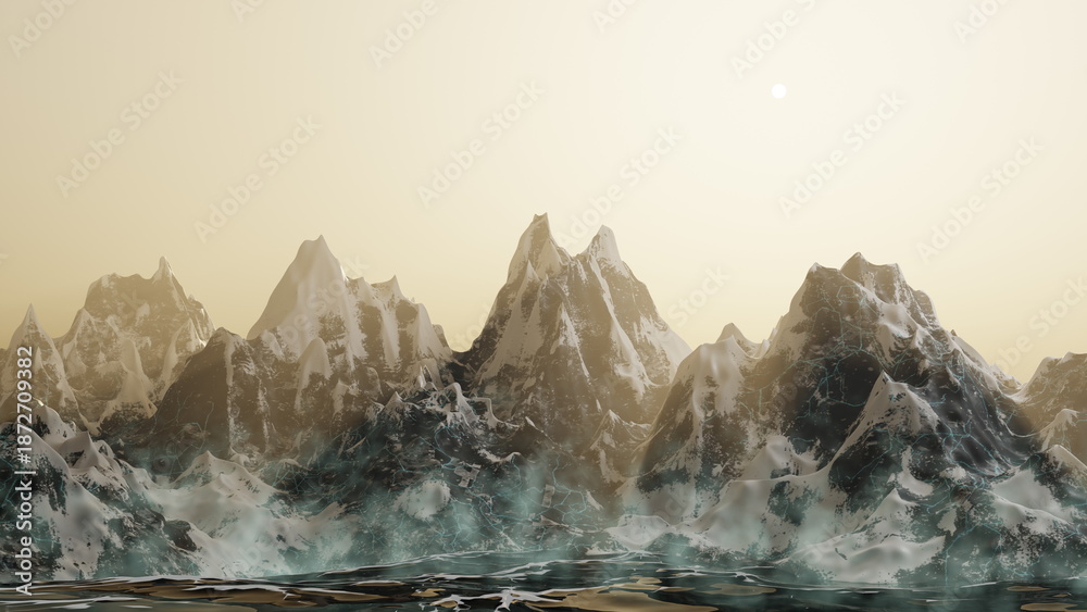 Naklejka premium Snow-covered peaks tower over a calm lake with mist rising from the surface as the sun sets in the background, creating a natural scene with warm colors. 3d render