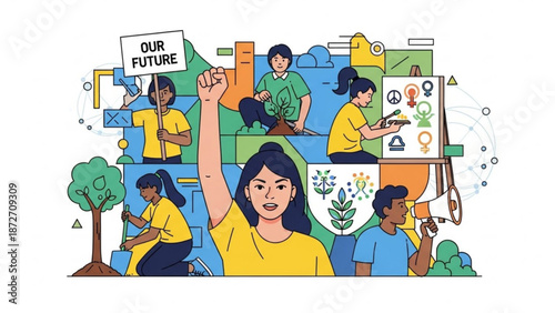 Diverse group of young people advocating for environmental protection climate action and a sustainable future illustration for social c