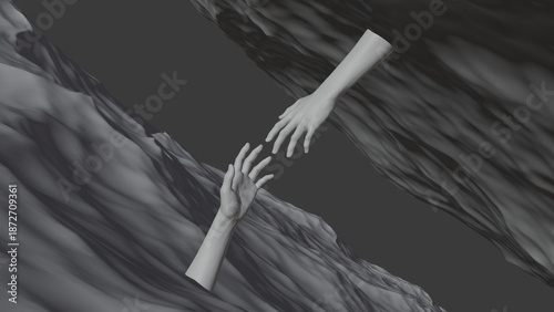Photos Two hands emerge from a dark space, reaching toward each other