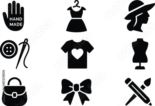 handmade, sewing, fashion, crafts, icon, set, apparel, design, hand, made, label, dress, shirt, button, needle, bow, hat, mannequin, bag, pencil, brush, art, craft, creative, clothing, textile, style,