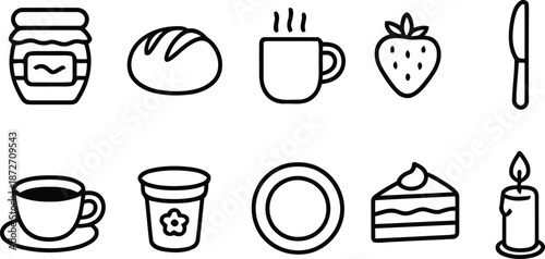 breakfast, jam, bread, mug, strawberry, knife, coffee, flower, plate, cake, candle, food, drink, sweet, delicious, vector, illustration, doodle, drawing, sketch, icon, set, design, graphic, clipart, s