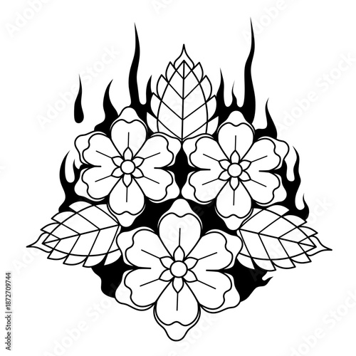 blooming flowers and fiery leaf ornaments.hand drawn old school tattoo illustration