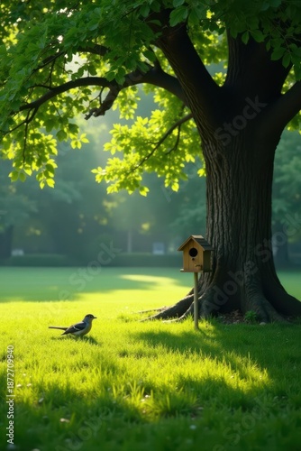Serene Dawn A lone bird rests near a wooden birdhouse beneath the shade of a majestic tree, bathed in the soft glow of morning sunlight on a vibrant green lawn.