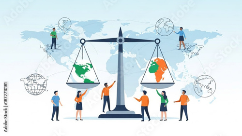 Global balance scales weighing Earth continents concept of environmental justice and sustainability diverse people collaborating for pl