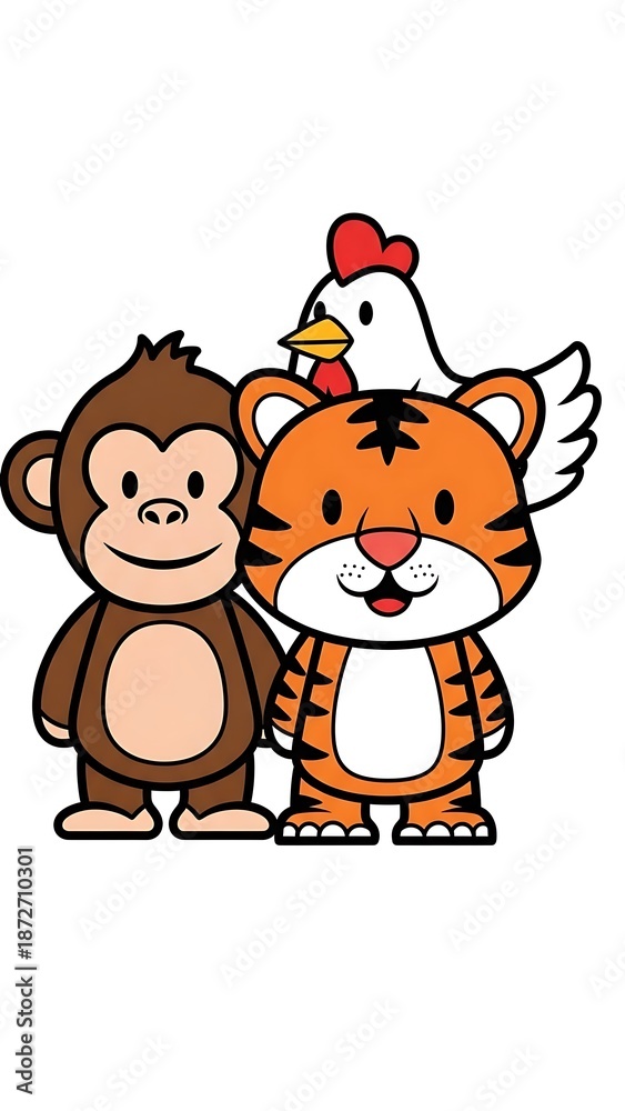 Naklejka premium Monkey tiger and chicken cartoon friends.