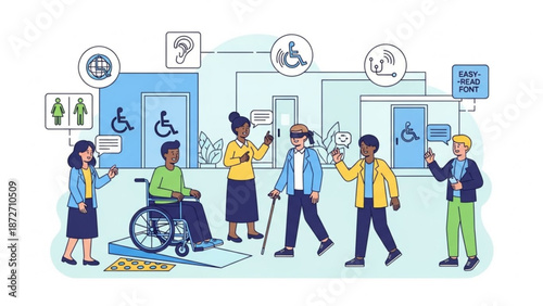 Diverse people accessing accessible facilities representing inclusion and universal design for public spaces