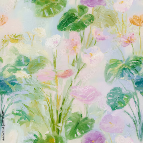 Soft Pastel Floral Serenity Seamless Pattern: A dreamy impressionist design with gentle petals, lush foliage, and soft water reflections, perfect for wrapping paper, textiles, and decors