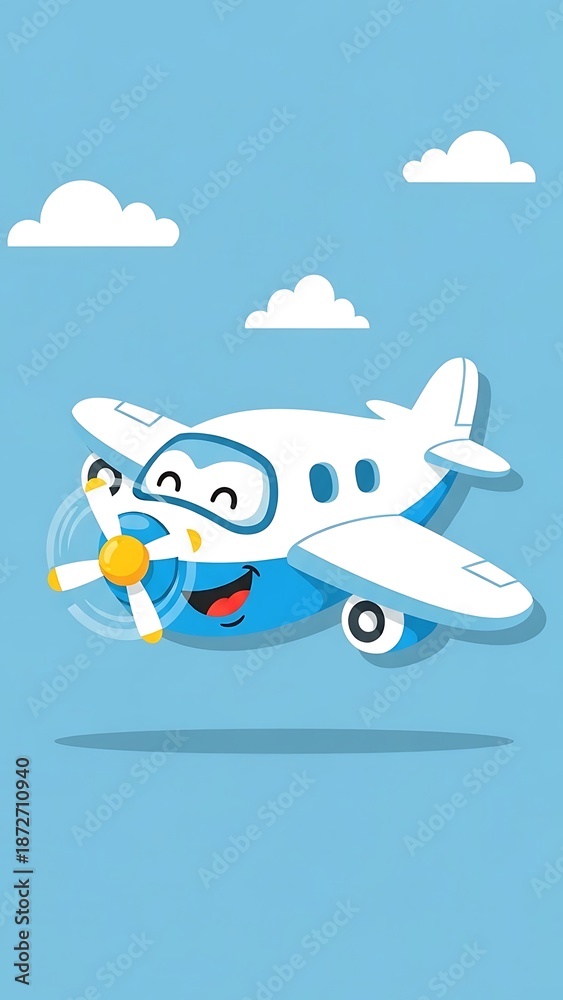 Naklejka premium Cartoon airplane flying in blue sky.