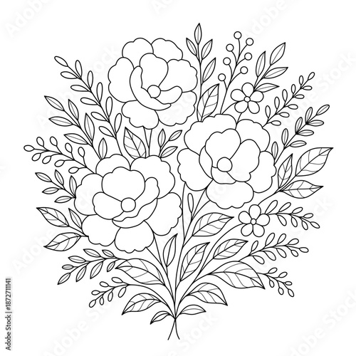 black and white line art flower bouquet.beautiful floral ornament tattoo illustration
