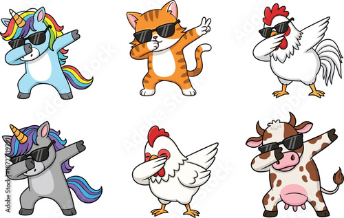 Cartoon animals unicorn cat chicken cow doing the dab dance pose vector illustration