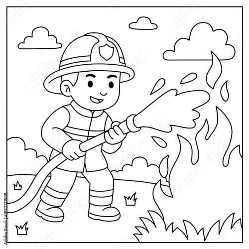 Coloring page of firefighters putting out fire with water hose. Vector cartoon for children's learning materials on the theme of firefighters.