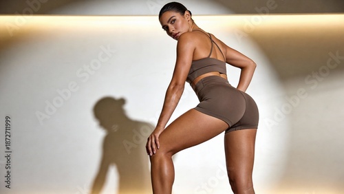 Athletic woman wearing brown activewear posing confidently in studio