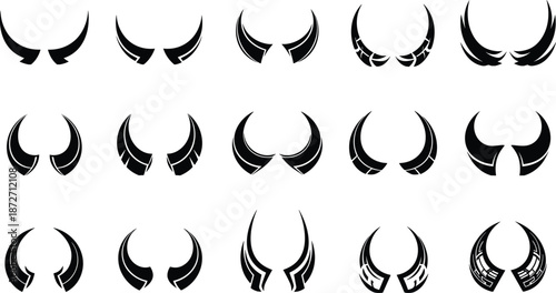 Collection Of Fifteen Black Stylized Horns And Antlers On White Background bull horns devil horns