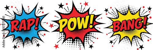 Comic book style sound effect words RAPOWBANG with stars and dots Keywords: comic, cartoon, sound effect, onomatopoeia