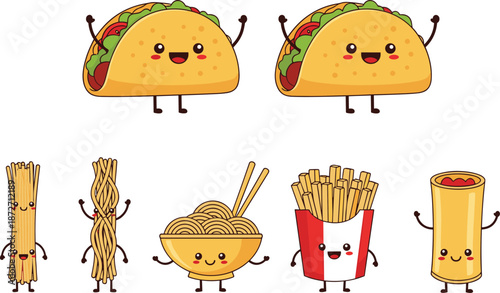Cute cartoon tacos noodles french fries and pasta on white background Keywords: taco, food, cute, cartoon, kawaii, happy