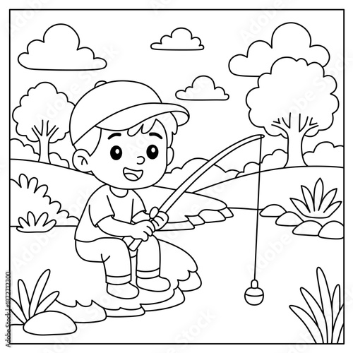 coloring page of a boy fishing by the river with a beautiful wildlife scene