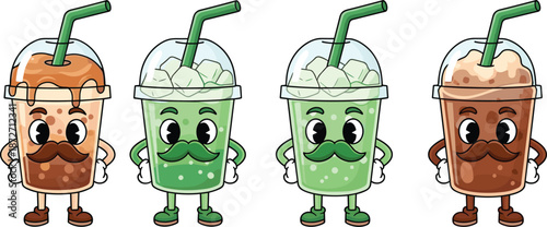 Four cartoon characters of anthropomorphic drinks with mustaches and arms beverage