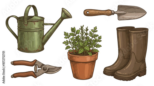 Gardening tools and plants vintage hand drawn set. Watering can, rubber boots, trowel, shears, and potted plant.