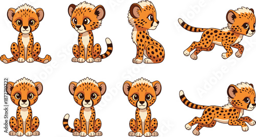 Set of eight cartoon cheetah cubs in various poses on a white background baby animal