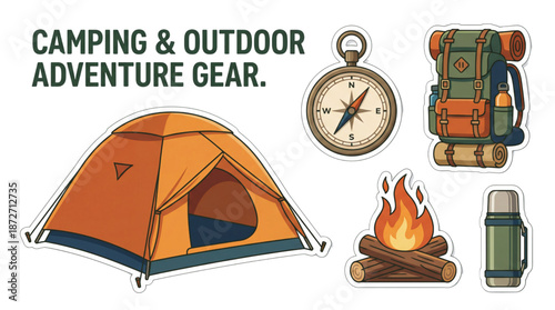 Camping and outdoor adventure gear stickers. Tent, backpack, campfire, compass, and thermos vector illustration.