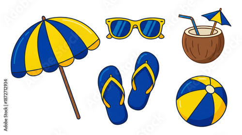 Summer vacation and beach holiday icons. Umbrella, sunglasses, coconut drink, flip flops, and ball illustration.